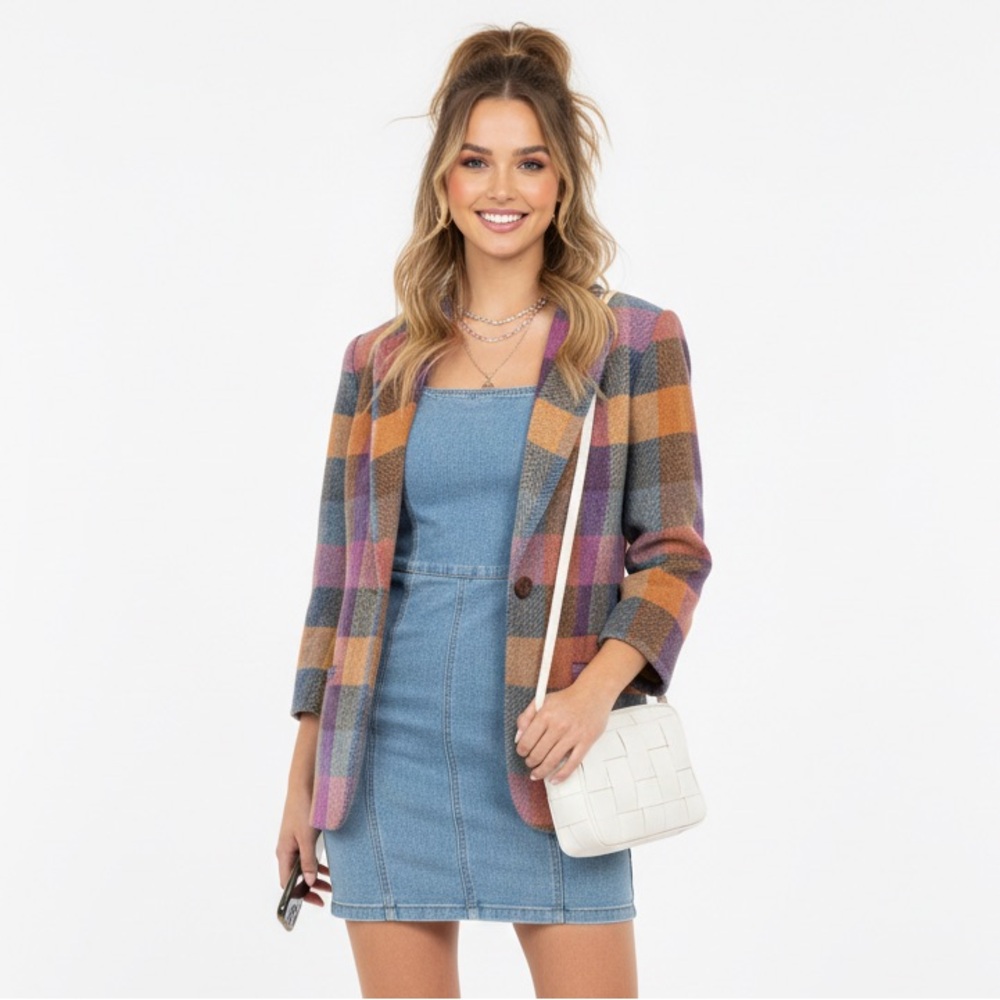 Cabi Herringbone Plaid Wool Blend Happy Blazer Jacket MultiColor Purple Orange 6